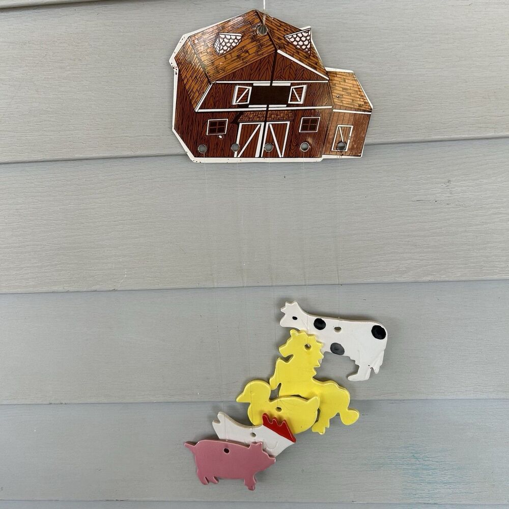 Vintage Farm Animal Mobile Metal Ceramic Wind Chime Barn Cow Pig Horse Duck